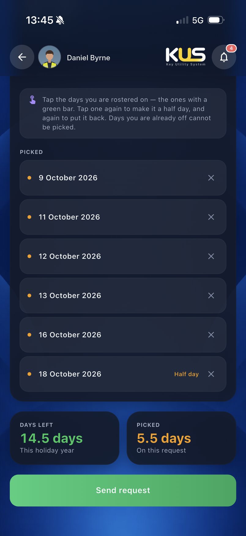 Days picked, balance left and the send button