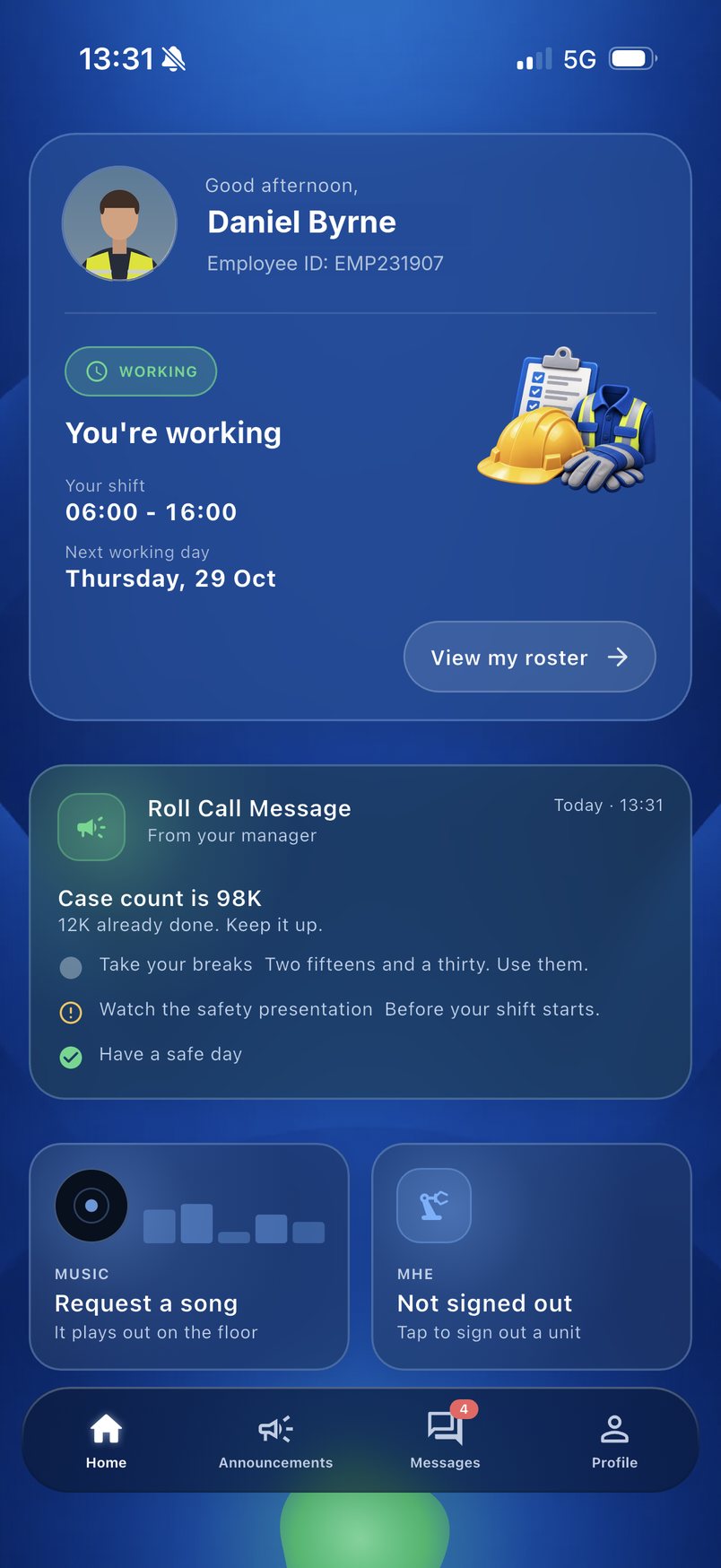 Home screen on a working day