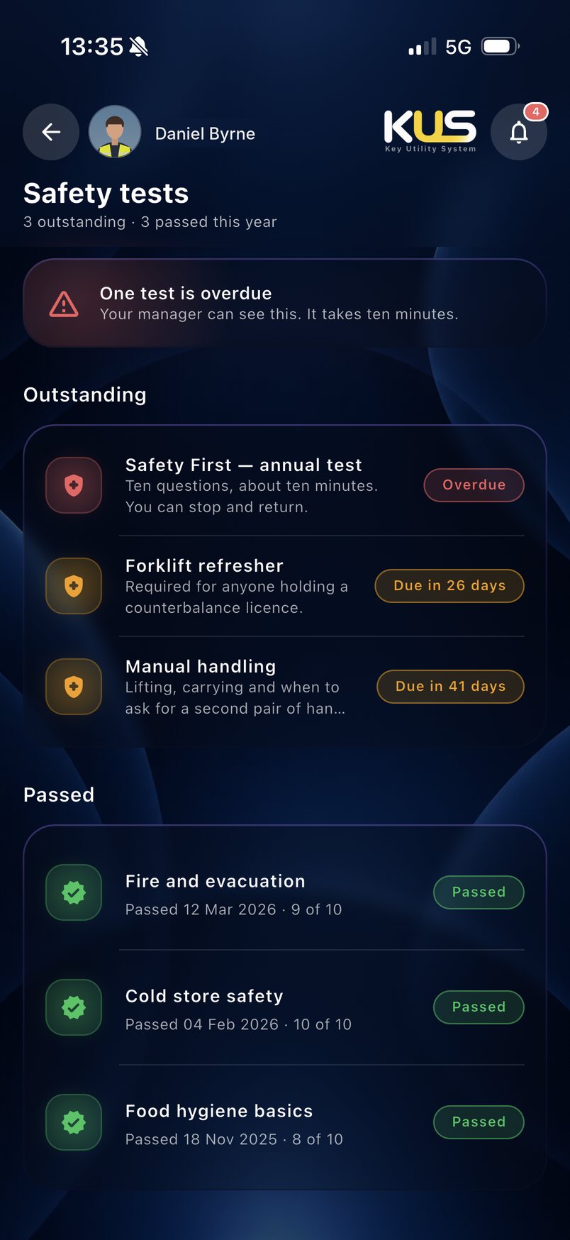 Safety tests with due dates